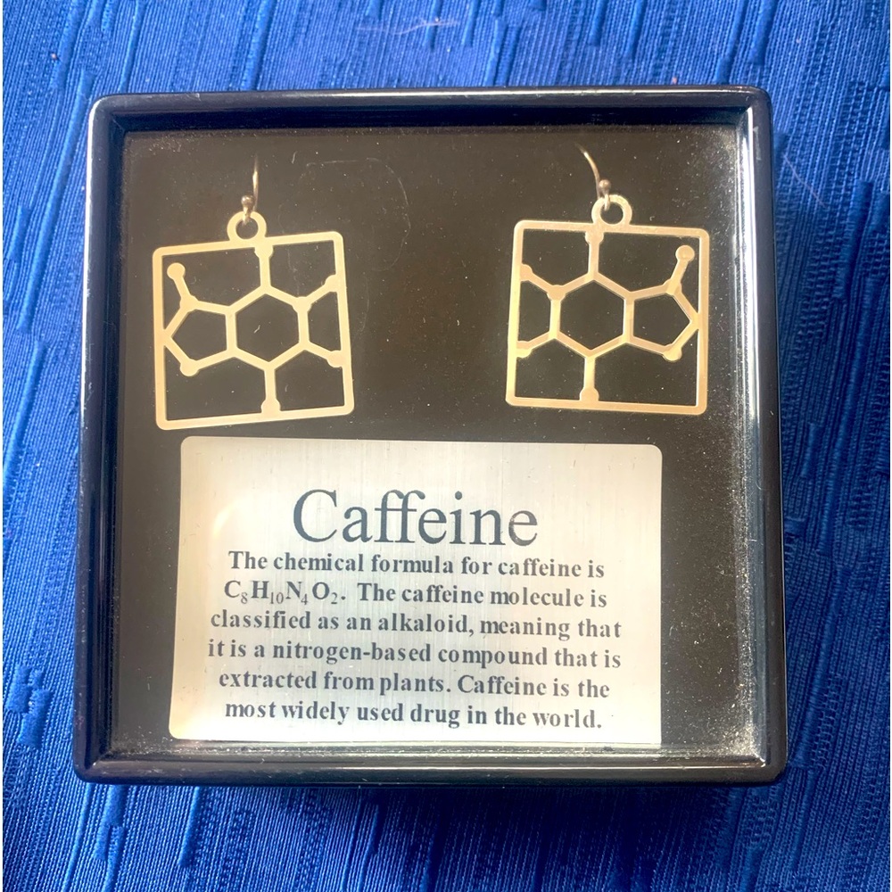 Earrings silver tone Caffeine! chemical structure. New in Box, pretty